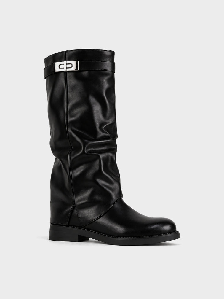 Stivale Ginocchio Elastico e Fibbia - LA2602 - nero PU (vista laterale)