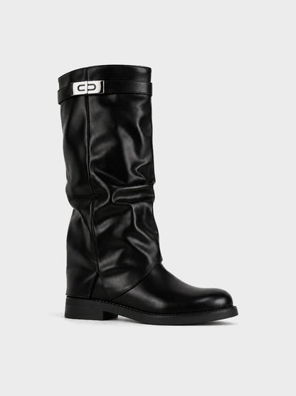 Stivale Ginocchio Elastico e Fibbia - LA2602 - nero PU (vista laterale)